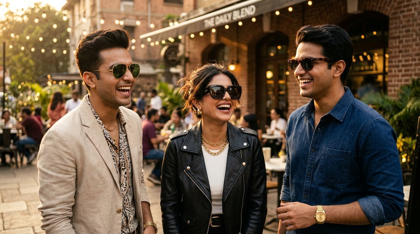 Three stylish friends laughing outdoors wearing Ray-Ban and Fastrack sunglasses