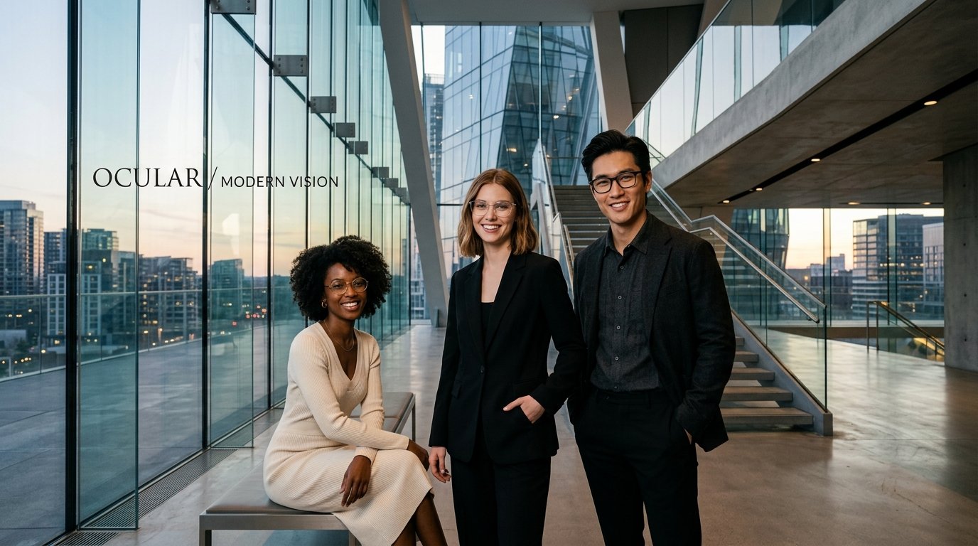 Diverse professionals wearing Titan and Essilor architectural spectacles in modern office