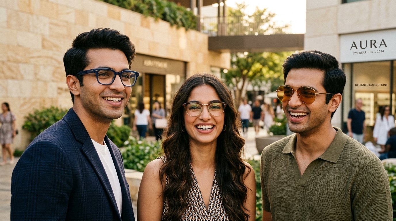 Three stylish Indian friends smiling warmly in city street wearing colorful designer glasses